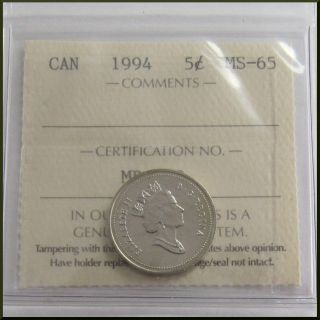Canada 1994 5 Cent Nickel Coin Iccs Ms - 65 photo