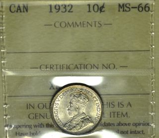 1932 Ten Cent (10¢) Iccs Ms - 66 Pq Solo Luster And Perfect Field photo