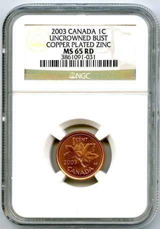 2003 Canada Cent Ngc Ms65 Rd Uncrowned Bust Effigy Copper Plated Zinc Rare photo