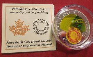 2014 Canada $20 Fine Silver Water - Lily And Leopard Frog Venetian Murano Glass photo