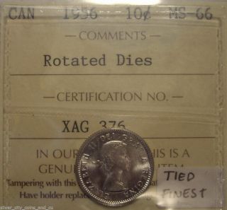 Canada Elizabeth Ii 1956 Rotated Dies Silver Ten Cents - Iccs Ms - 66 (xag - 376) photo