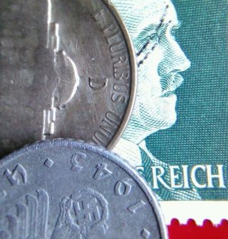 Us Silver War Nickel Lg.  Mark 44 - D,  Germany Nazi Coin 43 - A - 5pf,  Hitler Stamp photo