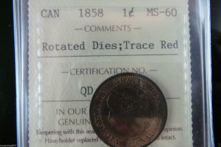1858 Canada Large Cent - Iccs - Ms60 Rotated Dies;trace Red photo
