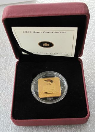 2010 Canada Sterling Silver $3 Dollars Square Gilded Coin Polar Bear photo