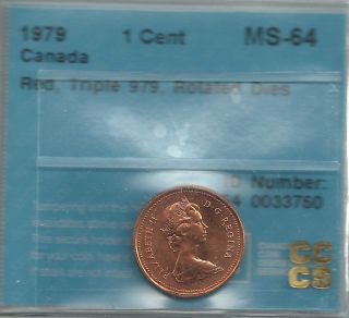 Canada 1 - Cent 1979 Triple 979,  Rotated Dies,  Cccs Ms - 64 Red photo