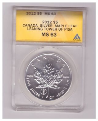 2012 Canada Silver Maple Leaf 1 Oz 5 Dollar Coin,  Leaning Tower Of Pisa,  Ms63 photo