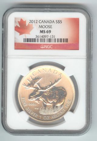 2012 1 Oz 9999 Silver Canadian Moose Wildlife Series Ms - 69 Ngc Maple Label Key photo