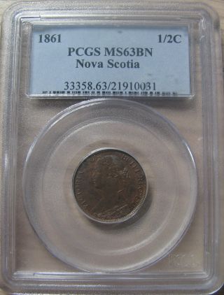 1861 Pcgs Ms63 1/2 Half Cent Brown (clogged Die) Nova Scotia Ns Half Penny photo