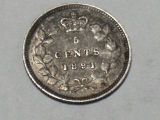1891 Canadian Five Cent Silver Coin (xf+) 3809 photo