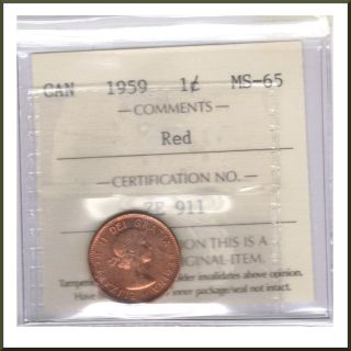 Canada 1959 Iccs Graded 1 Cent Ms - 65 Red photo