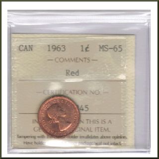 Canada 1963 Iccs Graded 1 Cent Ms - 65 Red photo