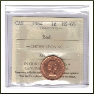 Canada 1964 Iccs Graded 1 Cent Ms - 65 Red photo