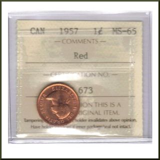 Canada 1957 Iccs Graded 1 Cent Ms - 65 Red photo