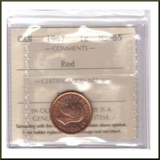 Canada 1947 Iccs Graded 1 Cent Ms - 65 Red photo