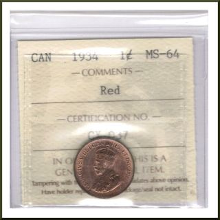 Canada 1934 Iccs Graded 1 Cent Ms - 64 photo