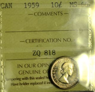 1959 Ten Cent (10¢) Iccs Ms - 66 Pq+ Top 19 Purple Toning - Wow photo