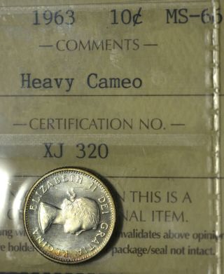 1963 Ten Cent (10¢) Iccs Ms - 66 Pq - Heavy Cameo - Shinny & Strong Luster photo