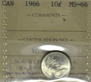 1966 Ten Cent (10¢) Iccs Ms - 66 Pq+ Shinny & Strong Luster - A Gem photo