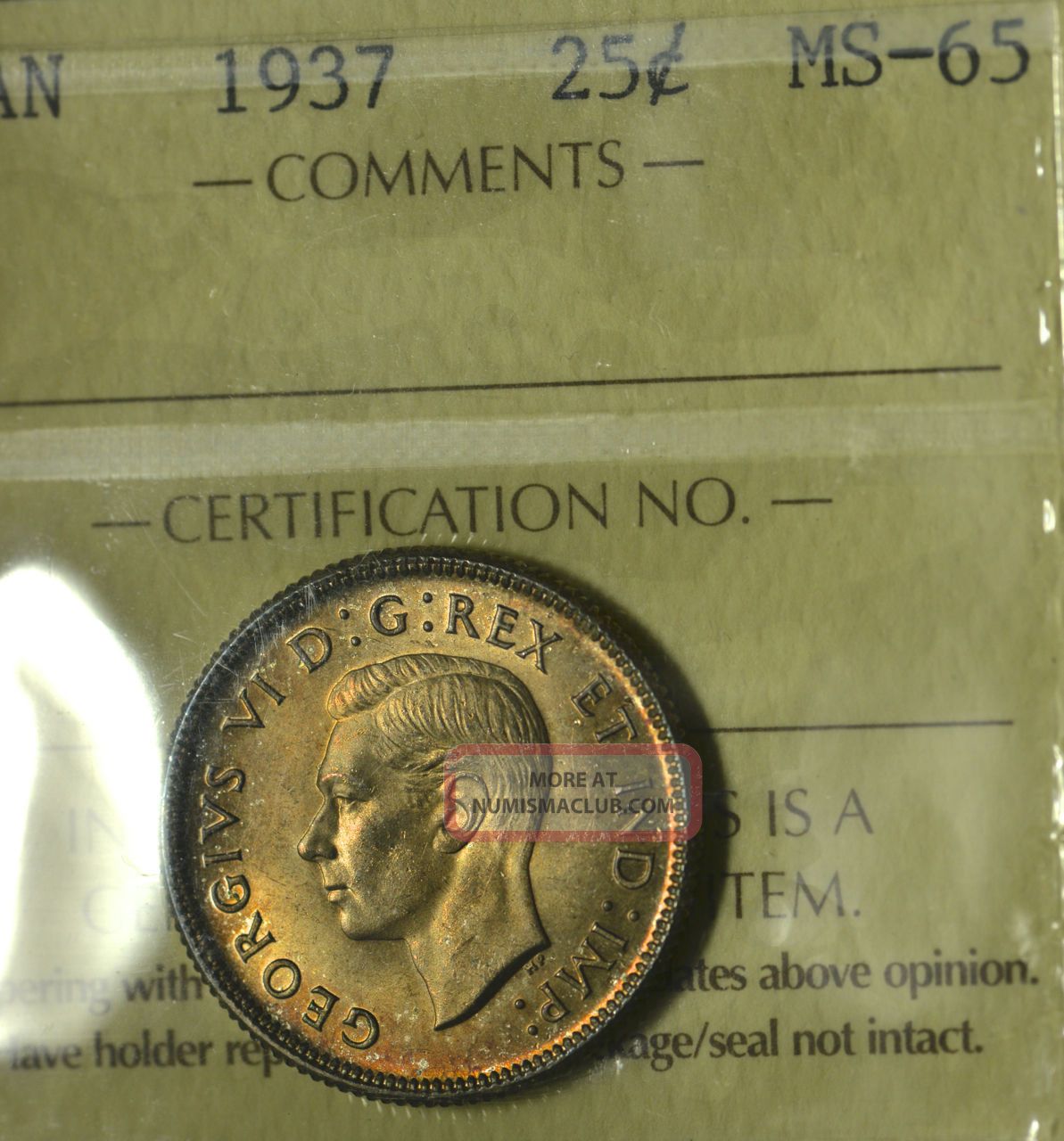 1937 Canada (25¢) Iccs Ms - 65 Pq Golden Toning - A Gem Coins: Canada photo