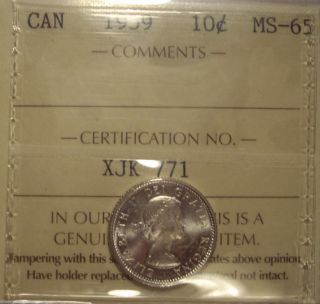Canada Elizabeth Ii 1959 Silver Ten Cents - Iccs Ms - 65 (xjk 771) photo
