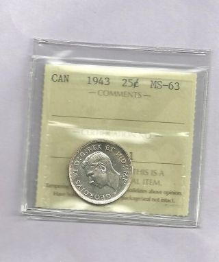 1943 80% Silver Canada 25 Cent Ms - 63 Iccs Trends @ $70.  00 photo