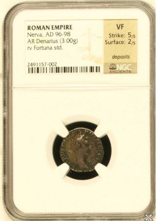 Silver Denarius Of Roman Emperor Nerva,  Ngc Encapsulated And Graded Vf photo