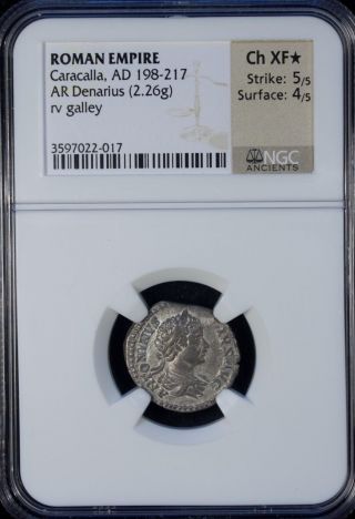 Roman Empire Caracalla Ad 198 - 217 Ar Denarius Galey Rare Type Ngc Ch Xf Silver photo