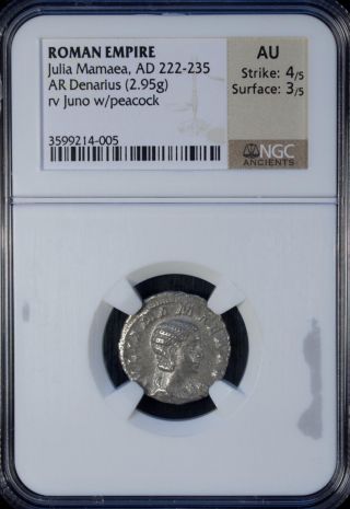 Roman Empire Julia Mamaea Ad 222 - 235 Ar Denarius Ngc Au Silver photo