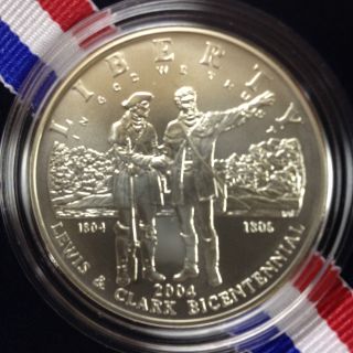 2004 - P Unc Silver Lewis & Clark Commemorative Dollar W/box & - 200 Years photo