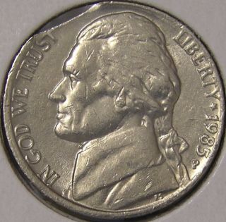 1985 P Jefferson Nickel,  (clipped Planchet) Error Coin,  Af 269 photo