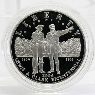 2004 P Lewis & Clark Proof Silver Commemorative Dollar W/ Box & photo