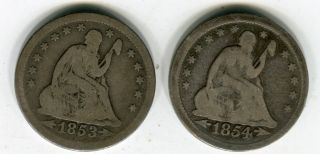 Seated Liberty Quarters With Arrows.  1853 And 1854 Both Problem Vg photo