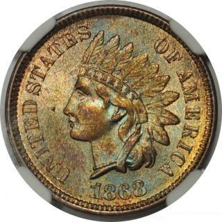 1868 Indian Head Cent Pcgs Ms 64 Bn.  Photo Seal.  Unbelievable Powder Blue Toning photo