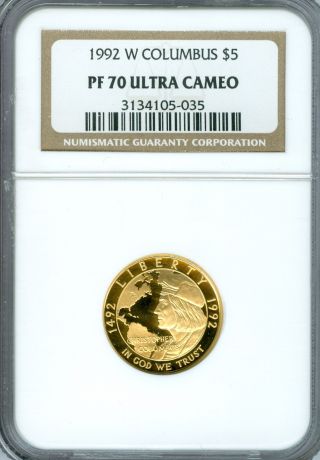 1992 - W Columbus $5 Gold Ngc Pr70 Ultra Cam Finest Registry photo