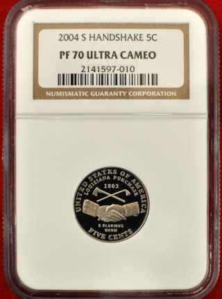 2004 S Ngc Pf 70 Proof 70 Ultra Cameo Handshake Jefferson Nickel Coin photo