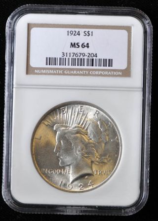 1924 Silver Peace Dollar Graded By Ngc Ms64 $1 photo