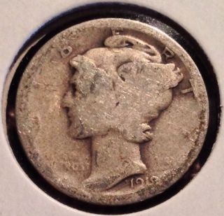 1919 Mercury Dime About Good 90% Silver Us Coin Winged Liberty Head S&h photo