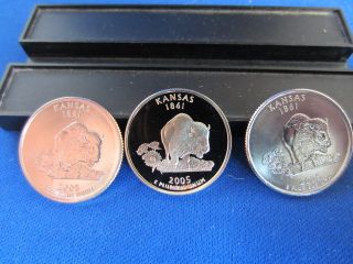 2005 - P D & S Mints Kansas Quarters One Each Total (3) Unc/bu & Proof photo