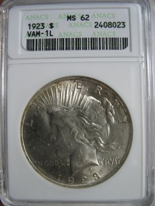 1923 Anacs Ms62 Vam - 1l Gouge In 5th Ray Peace Dollar B4 photo
