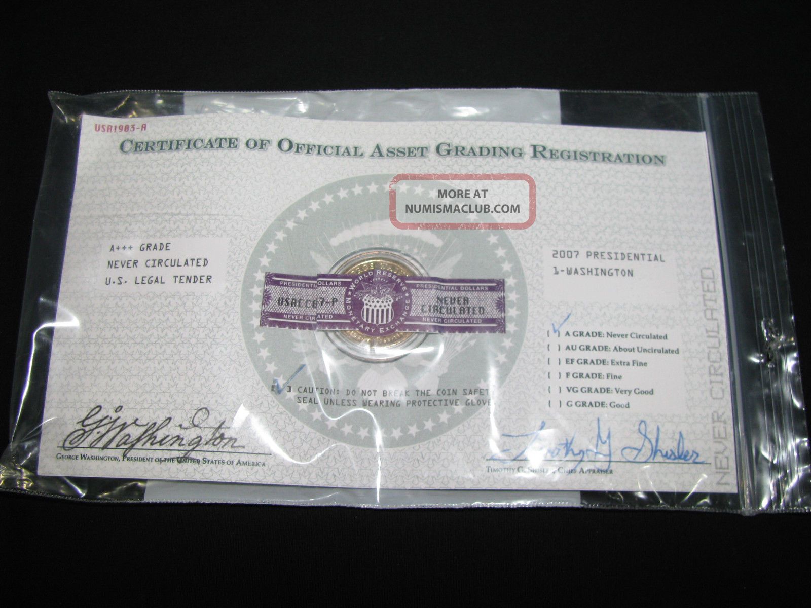 Uncirculated 2007 Presidential Washington $1 00 Coin