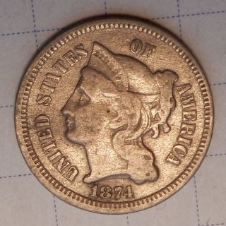 1874 Nickel Three Cent Piece - Very,  Possible Repunched Date photo