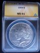 1935 Peace Silver Dollar Ms 61 Anacs Certified Unc Bu Bright White Dollars photo 1