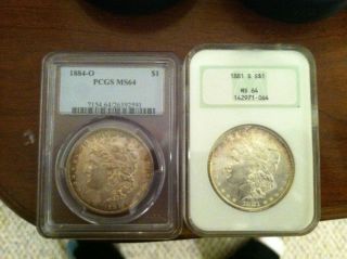 1881 S And 1884 - O Morgan Silver Dollars Ms - 64 Pcgs And Ngca photo