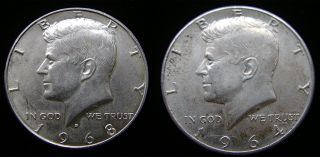 1964 (90% Silver) And 1968 - D (40% Silver) Looking Kennedy Half Dollars photo