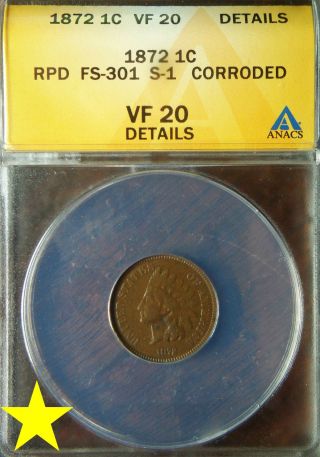1872 Indian Head Cent Anacs Vf - 20 Details Repunched Date Fs - 301 S - 1 Key Date photo