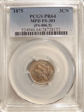 1875 3cn Pcgs Pr - 64 Rpd Fs - 301 Pop 1 Repunched Date Proof Three Cent Nickel photo