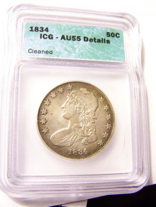 1834 Capped Bust Silver Half Dollar,  Great Detail,  Icg=au55 photo