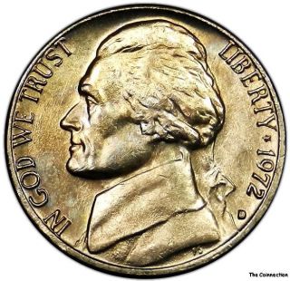 1972 D Ms Bu Unc Toned Jefferson Nickel 5c Us Coin - Some Color Lustrous C166 photo