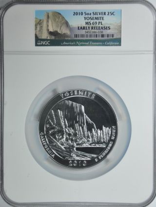2010 5oz Silver Atb Yosemite Ngc Graded Ms 69 Pl Early Release Rare Version photo