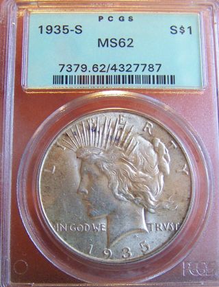 1935 - S $1 Peace Dollar Pcgs Ms 62 Old 2nd Generation Holder photo
